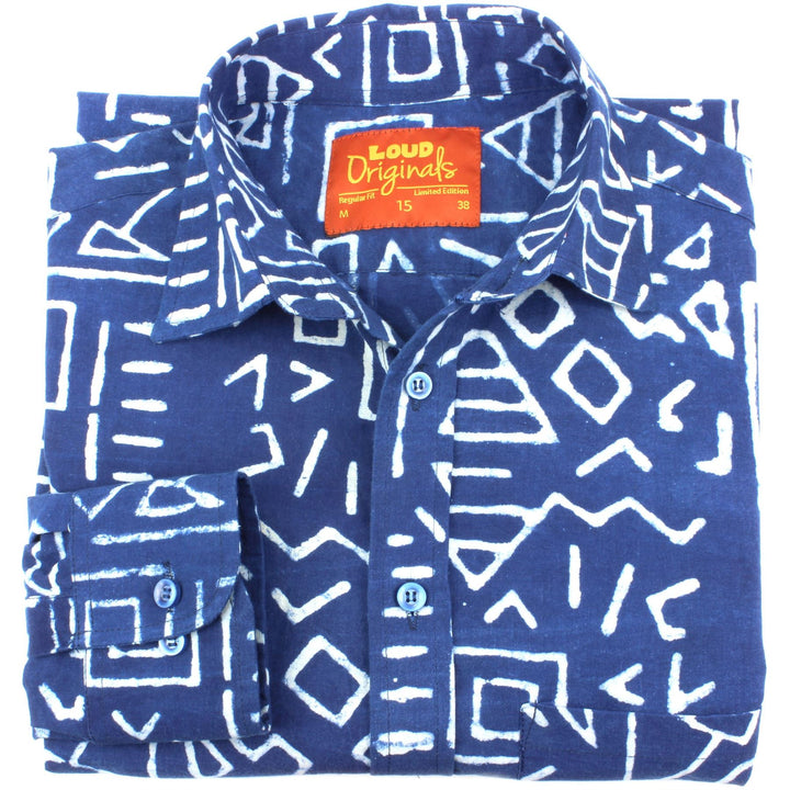Regular Fit Long Sleeve Shirt - Blue with White Abstract Shapes