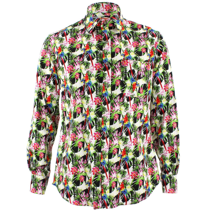 Tailored Fit Long Sleeve Shirt - Green Pink & Yellow Palms & Parrots