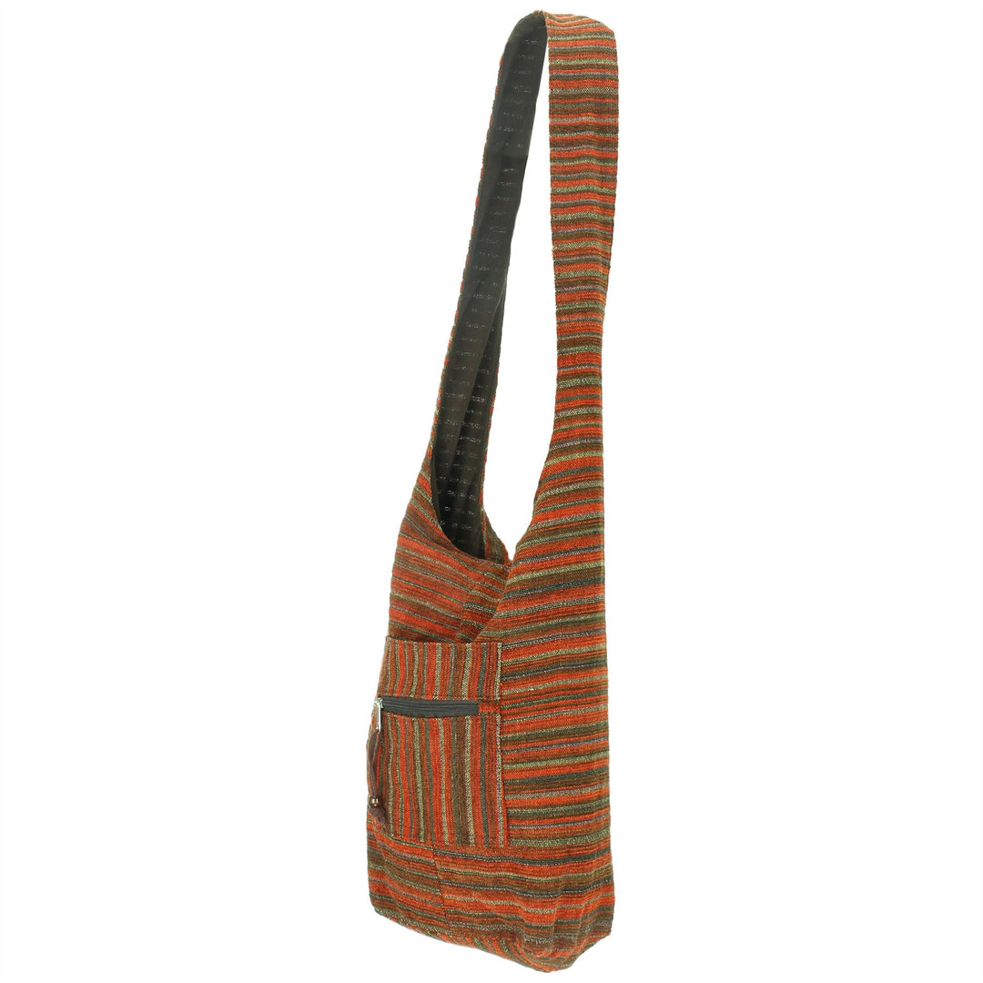 Striped Chenille Sling Shoulder Bag - Red Brown