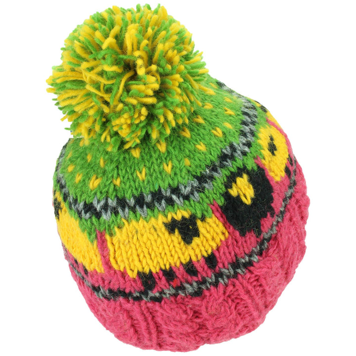 Wool Knit Bobble Beanie Hat - Sheep - Pink Green Yellow