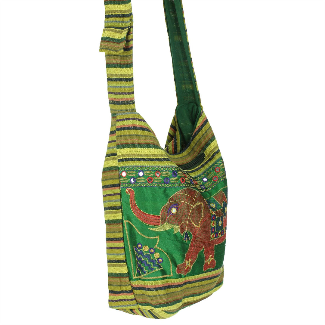 Embroidered Elephant Canvas Sling Shoulder Bag - Light Green
