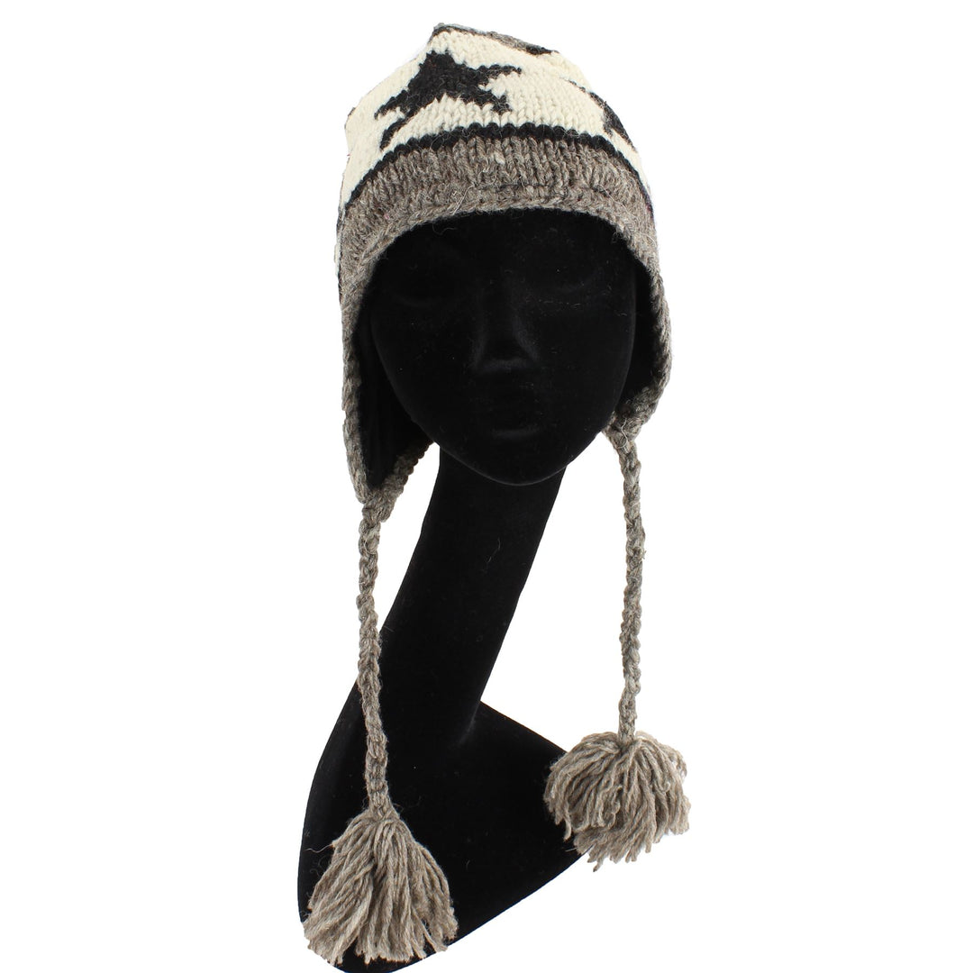 Wool Knit Earflap Tassel Hat - Star Grey