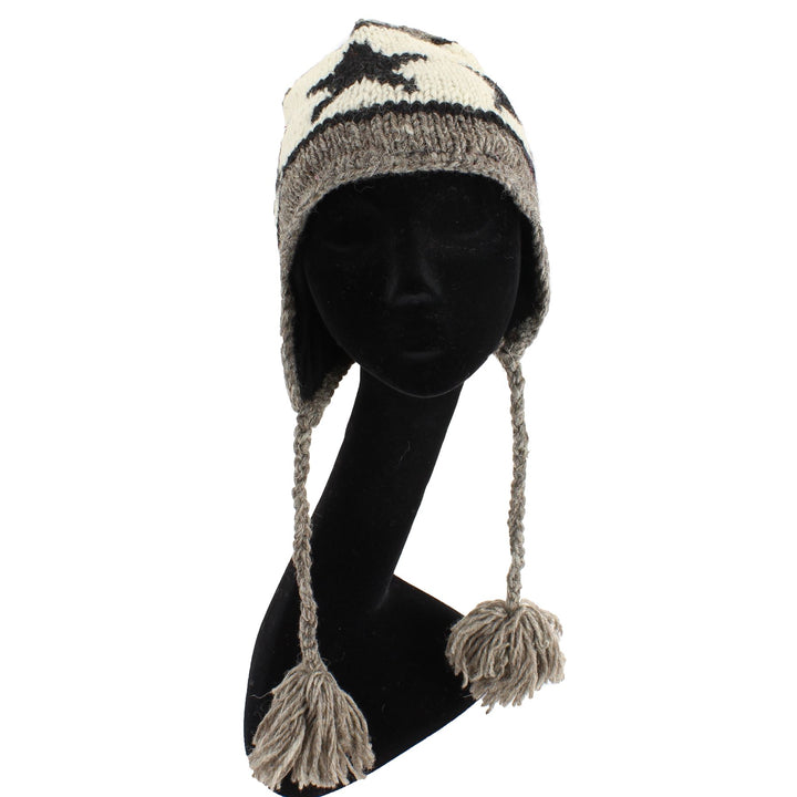Wool Knit Earflap Tassel Hat - Star Grey