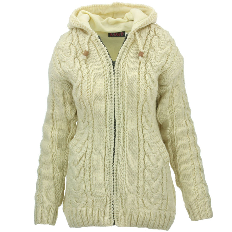 Handmade Wool Cable Knit Hooded Jacket - Cream