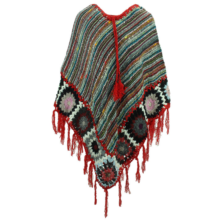 Granny Squares Crochet Poncho Long - Black Multi/Red