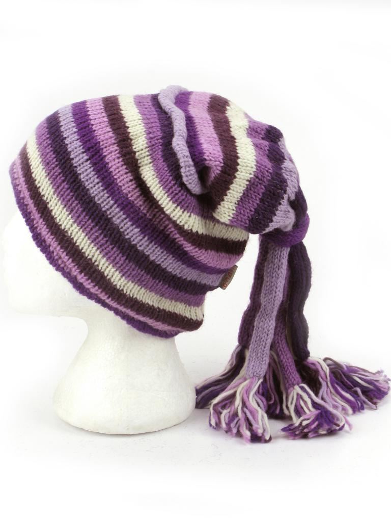 Wool Knit 'Fountain' Tassels Beanie Hat - Purples