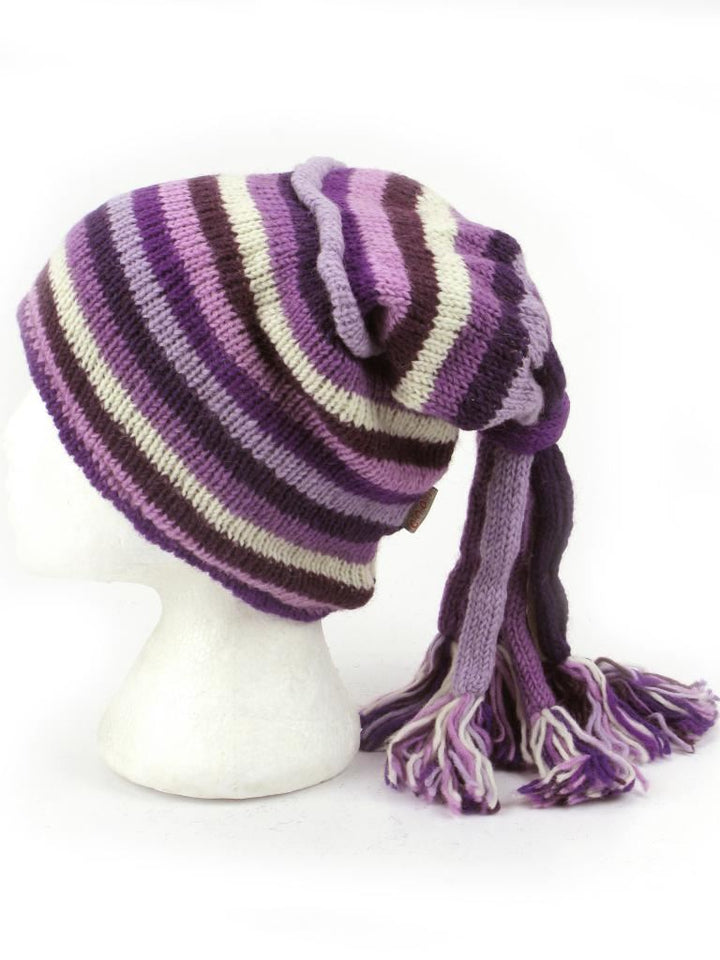 Wool Knit 'Fountain' Tassels Beanie Hat - Purples
