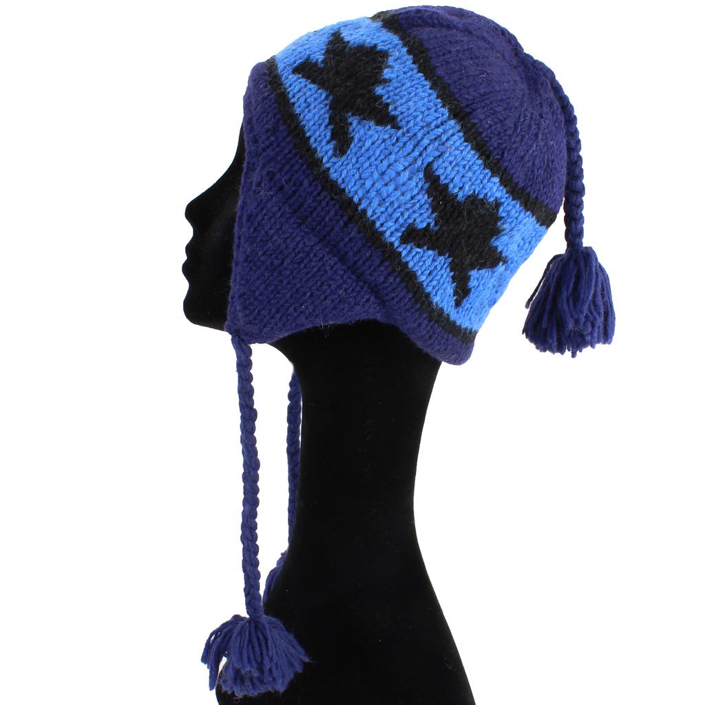 Wool Knit Earflap Tassel Hat - Star Blue