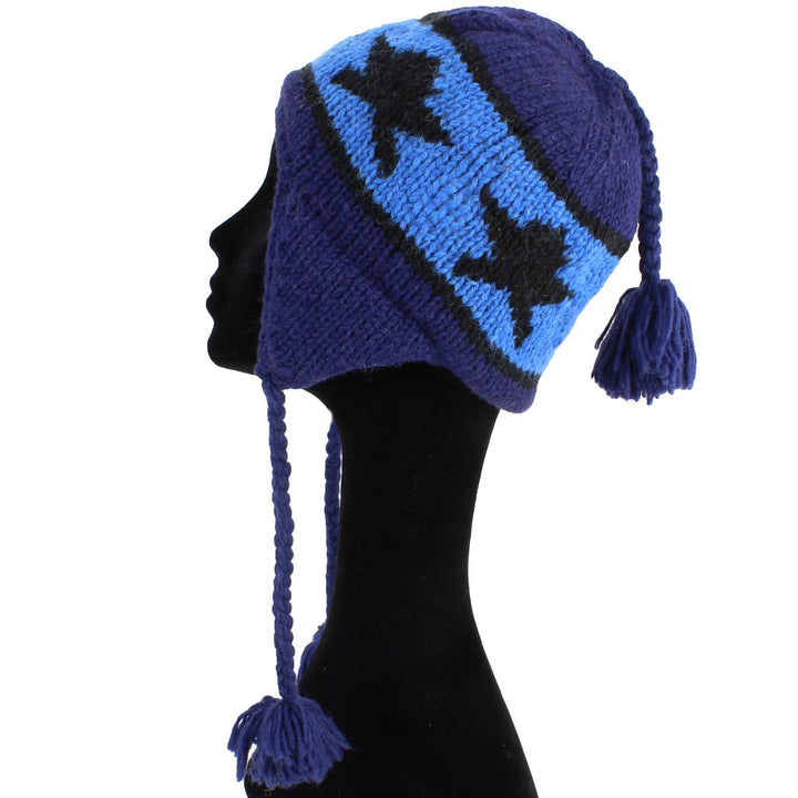 Wool Knit Earflap Tassel Hat - Star Blue