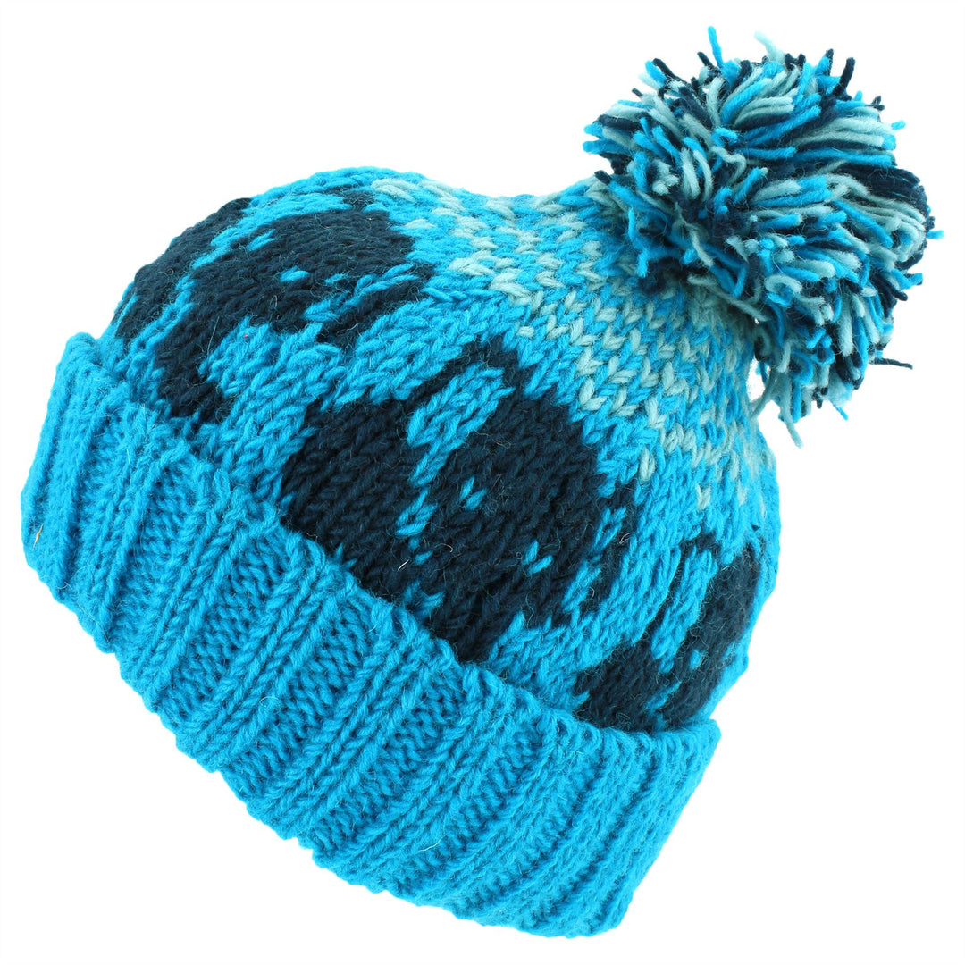 Wool Knit Bobble Beanie Hat - Elephant - Blue White