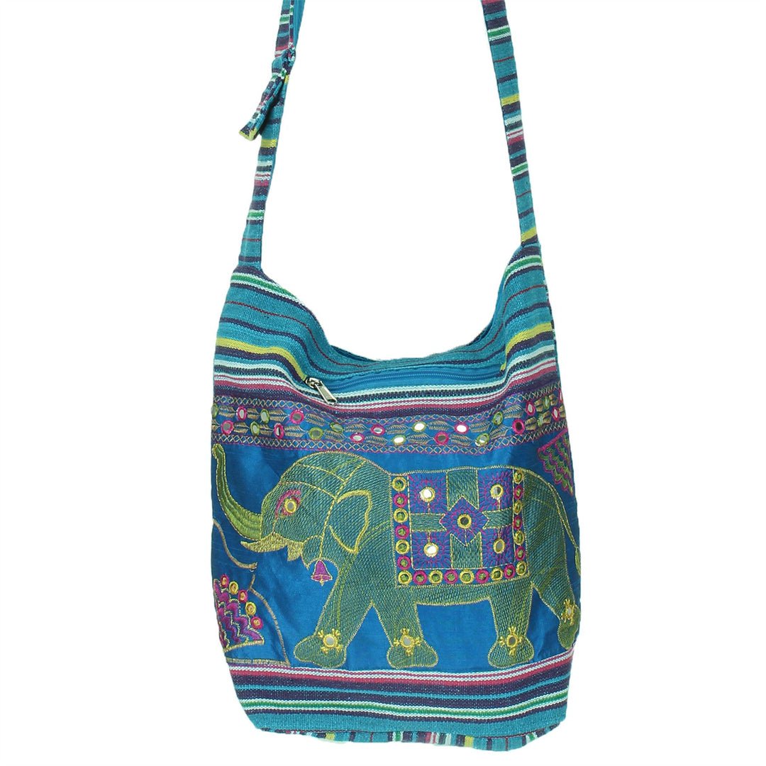 Embroidered Elephant Canvas Sling Shoulder Bag - Light Blue