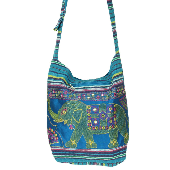 Embroidered Elephant Canvas Sling Shoulder Bag - Light Blue