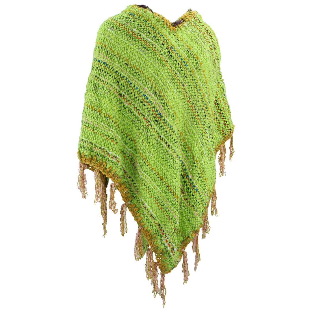 Stripe Crochet Poncho Long - Bright Green