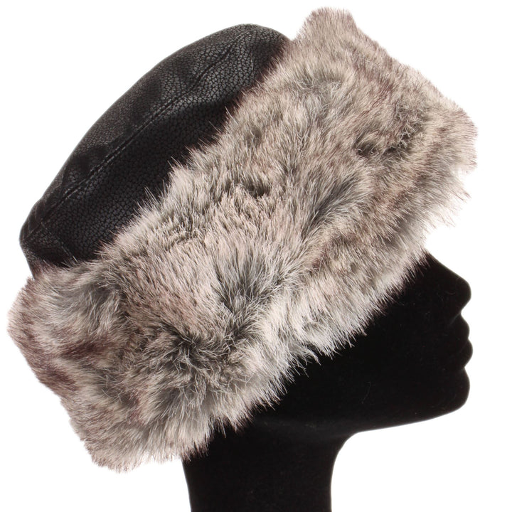 Flat Top Faux Leather Hat with Faux Fur Cuff - Black