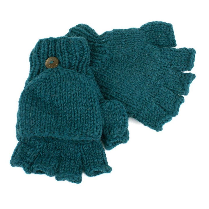 Chunky Wool Knit Fingerless Shooter Gloves - Plain - Teal
