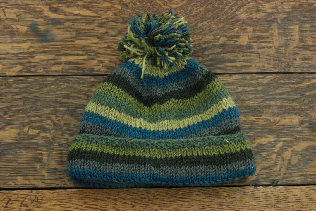 Chunky Wool Knit Beanie Bobble Hat - Stripe Green Blue