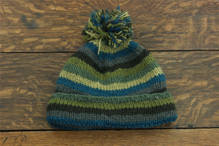 Chunky Wool Knit Beanie Bobble Hat - Stripe Green Blue