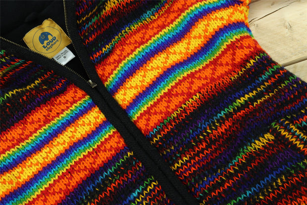 Hand Knitted Wool Hooded Jacket Cardigan Ladies Cut - SD Black Rainbow Orange