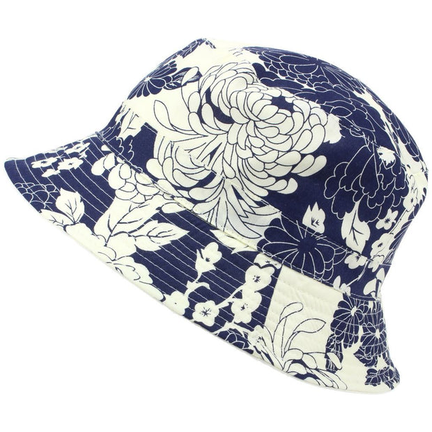Two-tone Floral Print Bucket Hat - Blue