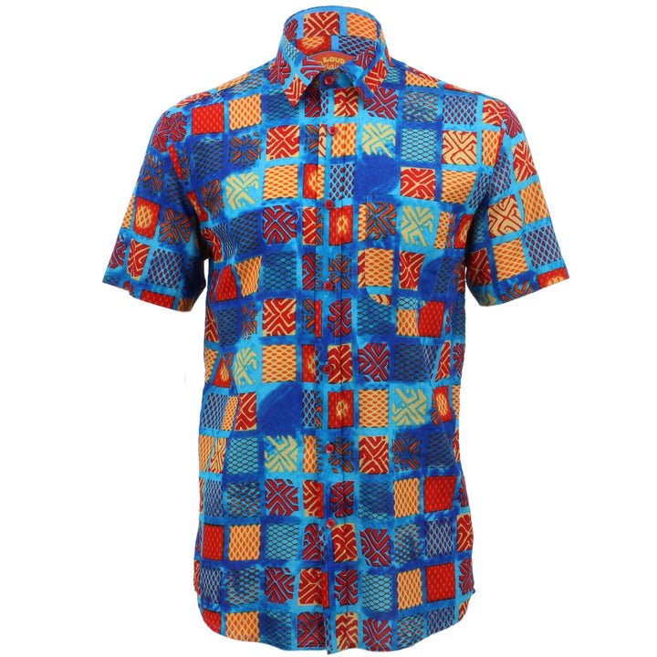 Regular Fit Short Sleeve Shirt - Blue & Multicoloured Square Abstract