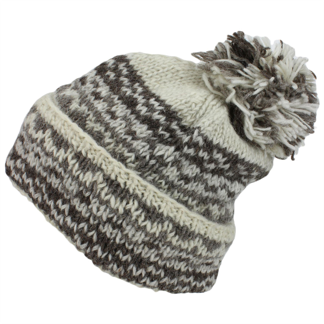 Chunky Wool Knit Baggy Slouch Beanie Bobble Hat - Off White
