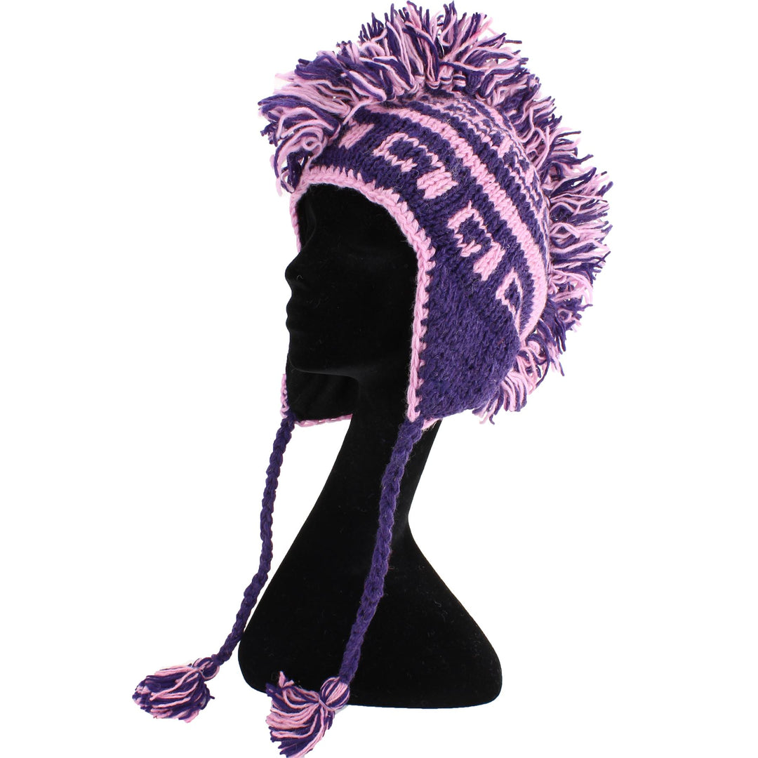 Wool Knit 'Punk' Mohawk Earflap Beanie Hat - Purples (Adult)