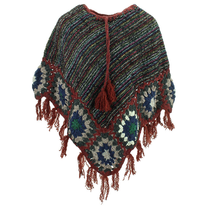 Granny Squares Crochet Poncho Short - Black Multi/Maroon