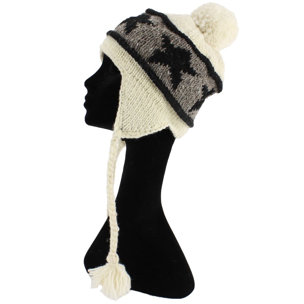 Wool Knit Earflap Bobble Hat - Star Cream