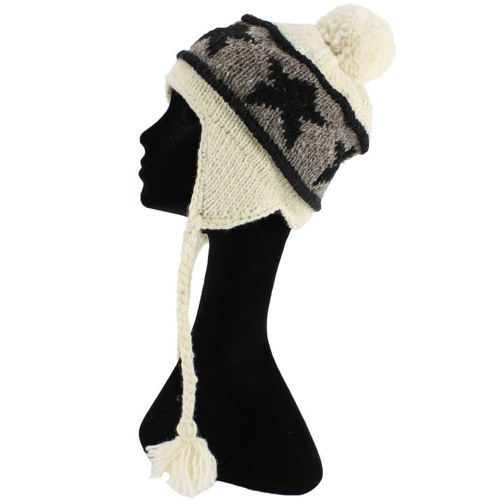 Wool Knit Earflap Bobble Hat - Star Cream
