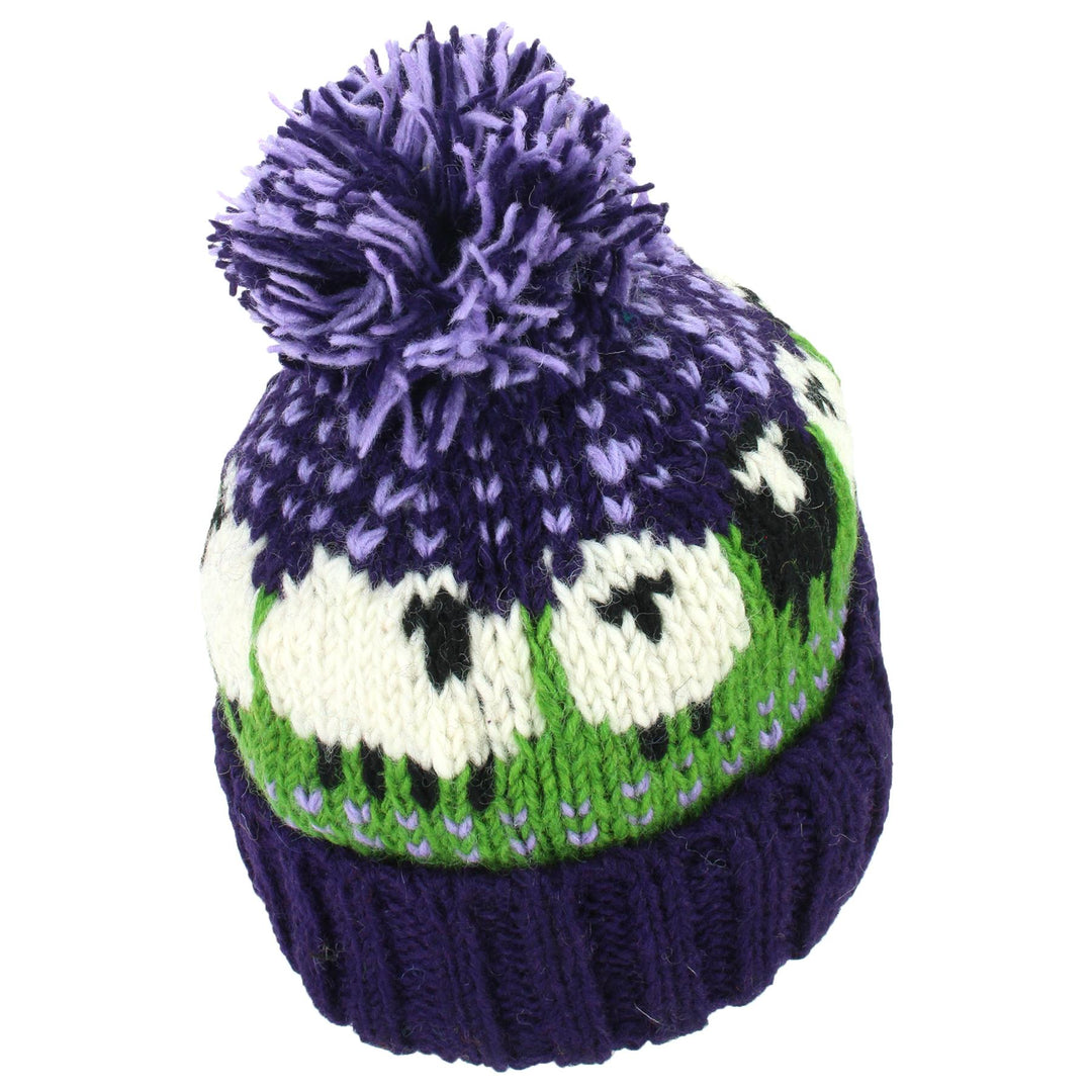 Wool Knit Bobble Beanie Hat - Sheep - Green Purple