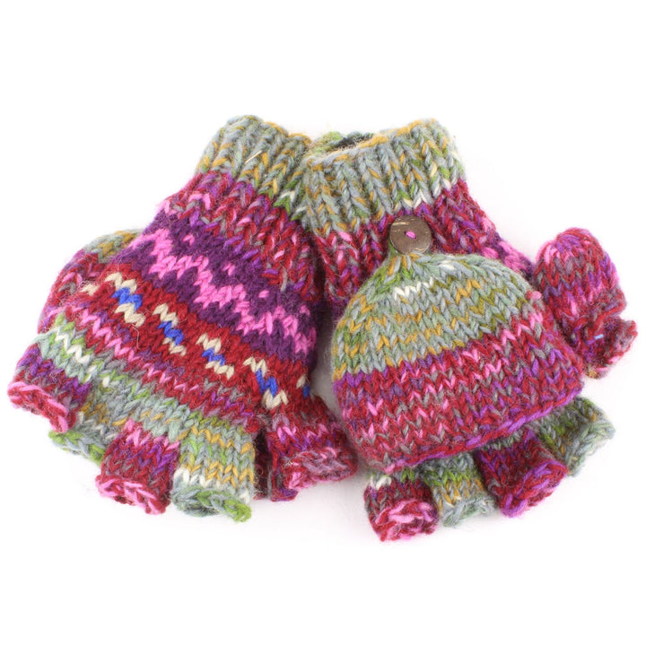 Wool Knit Fingerless Shooter Gloves - Space Dye (Purple & Green)