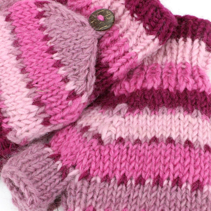 Chunky Wool Knit Fingerless Shooter Gloves - Stripe - Pink