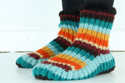 Hand Knitted Wool Slipper Socks - Stripe Retro D