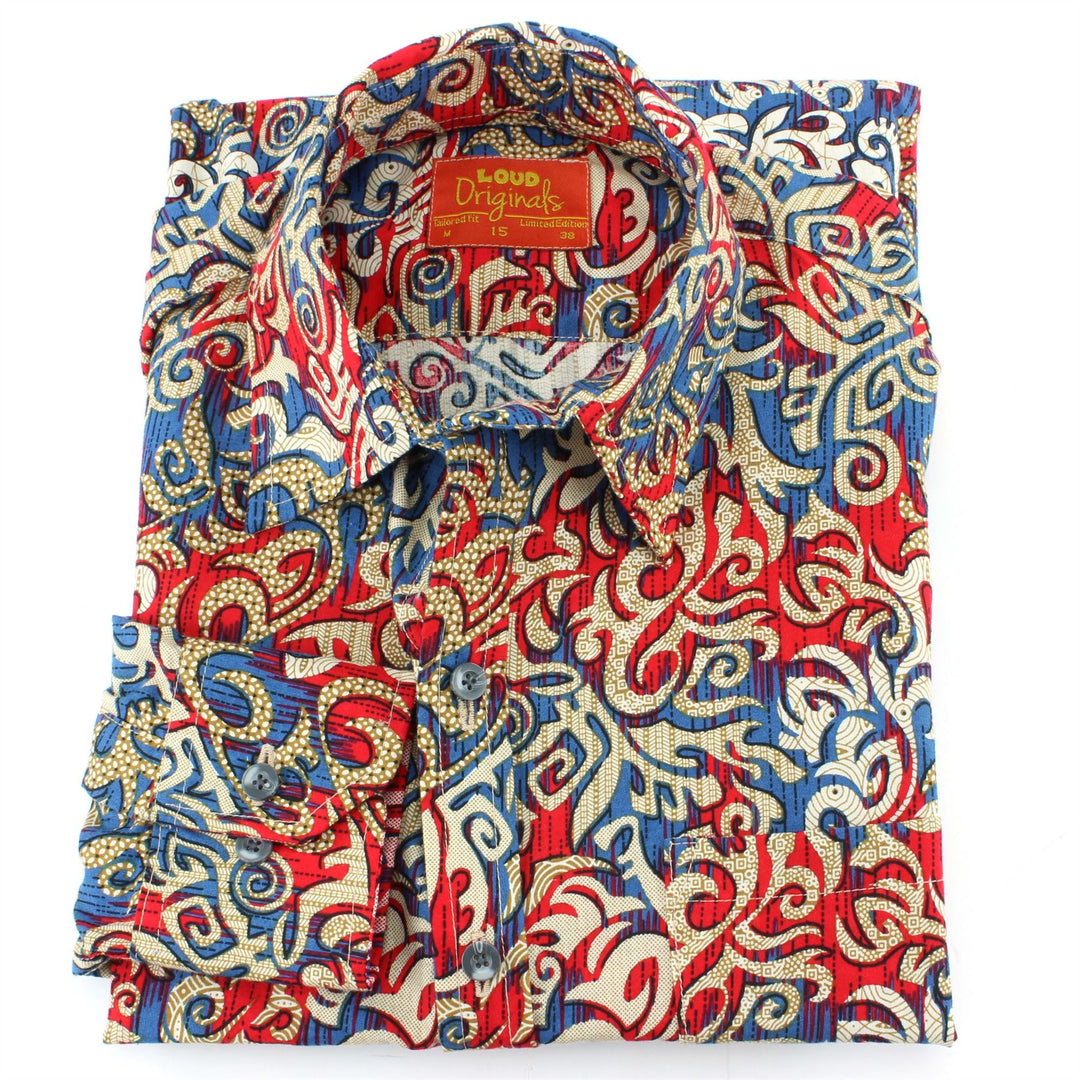 Tailored Fit Long Sleeve Shirt - Red & Blue Tribal