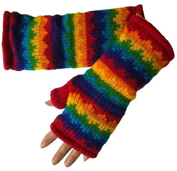 Wool Knit Fleece Lined  Wrist Warmers - Rainbow Zig Zag Stripe