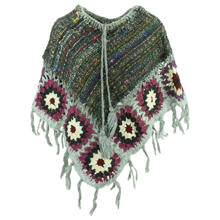 Granny Squares Crochet Poncho Short - Dark Grey/Grey