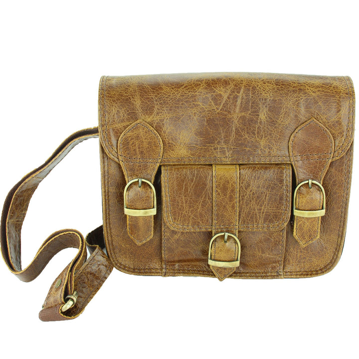 Real Leather Satchel with Front Pocket - Brown