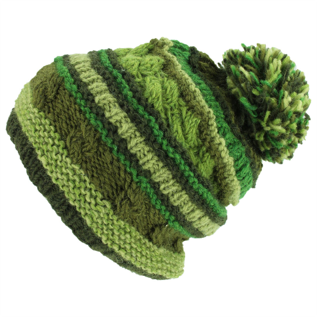 Wool Knit Bobble Beanie Hat - Stripe Green