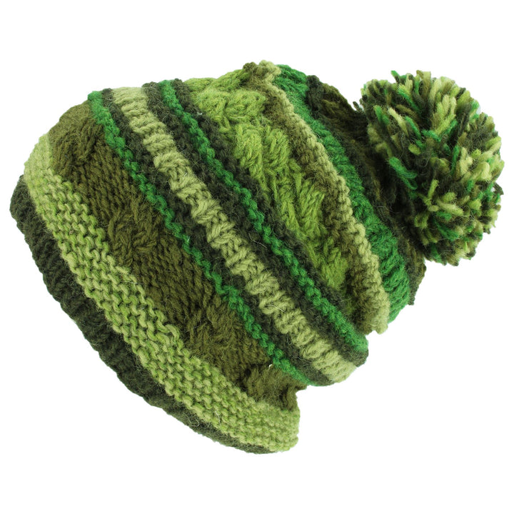 Wool Knit Bobble Beanie Hat - Stripe Green