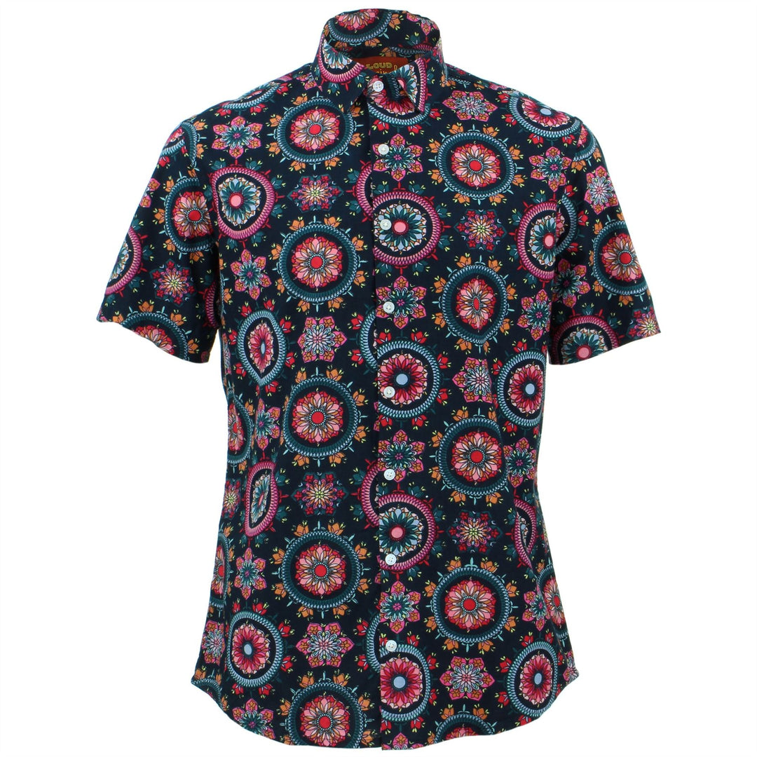 fractal dress shirt Short Sleeve Dress Shirt with Geometric Fractal Print BLUE / MD