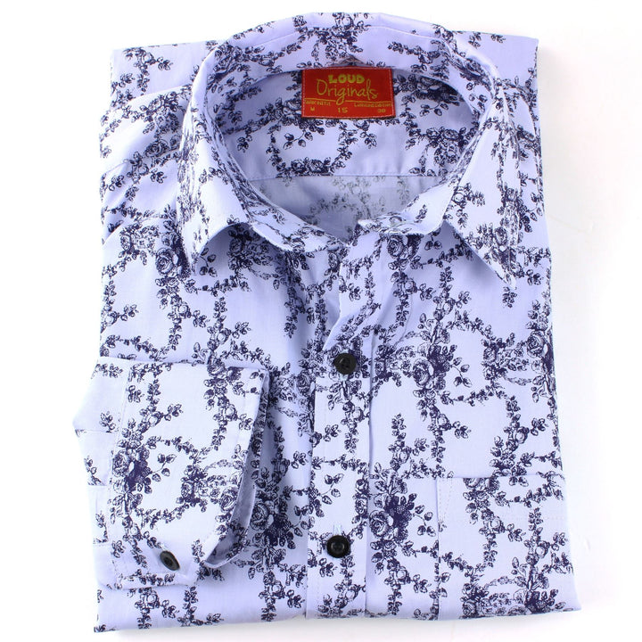 Tailored Fit Long Sleeve Shirt - Rose Print on Pale Blue