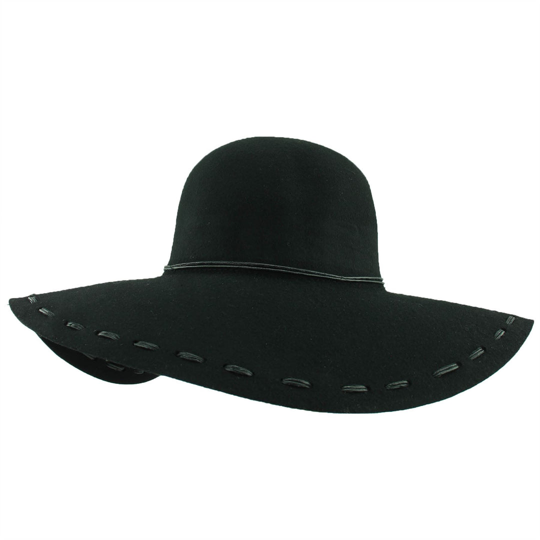 100% Wool felt wide brim floppy hat with cord band - Black (57cm)