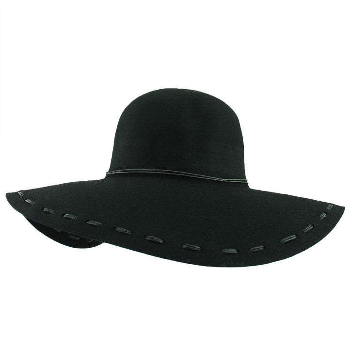 100% Wool felt wide brim floppy hat with cord band - Black (57cm)