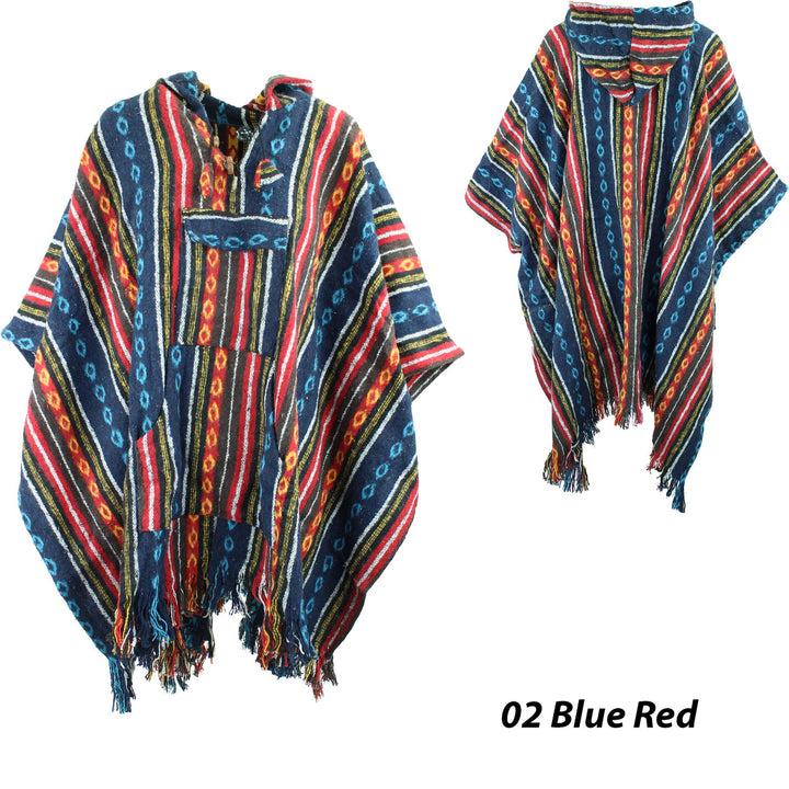 Brushed Gheri Cotton Poncho - 02 Blue Red