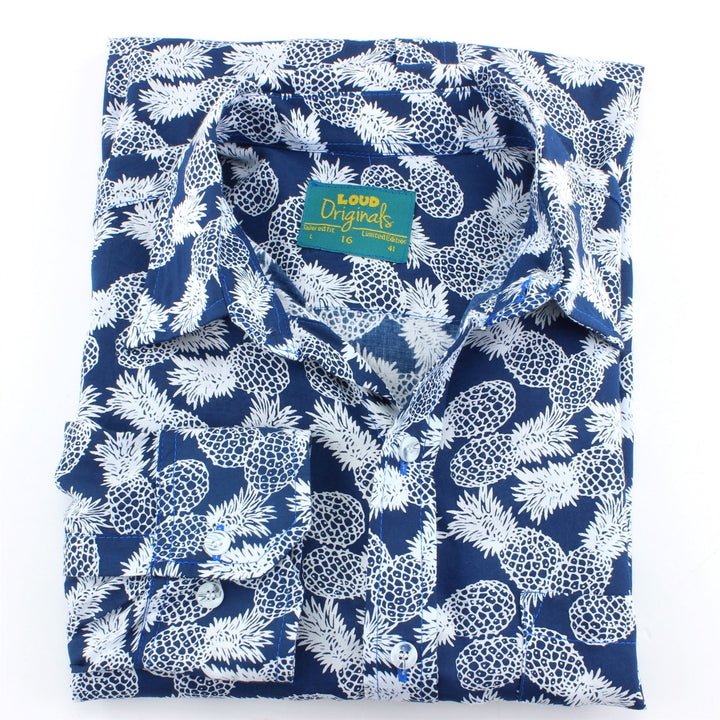 Tailored Fit Long Sleeve Shirt - Pineapples on Blue