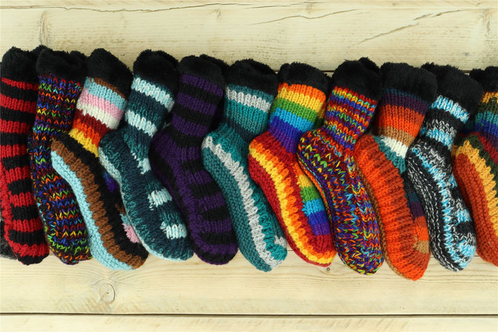 Hand Knitted Wool Slipper Socks - SD Light Blue Charcoal