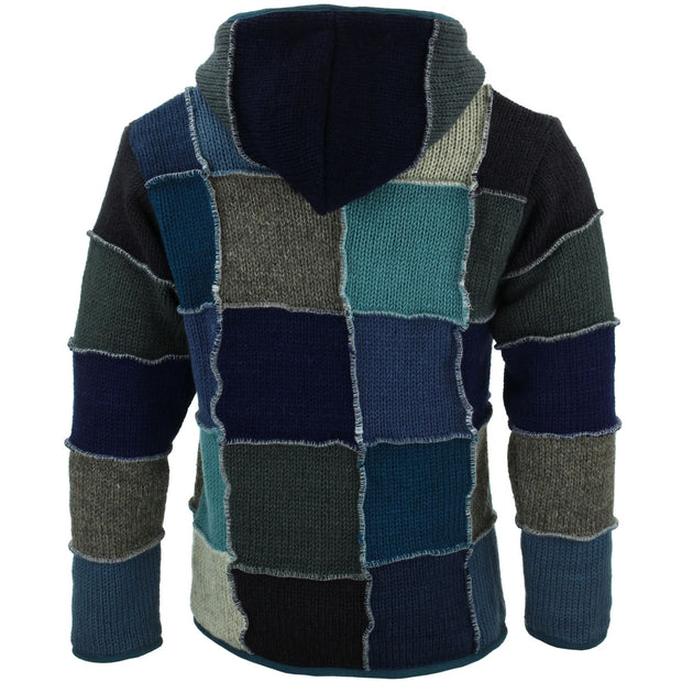 Wool Knit Patchwork Hooded Jacket - Blue