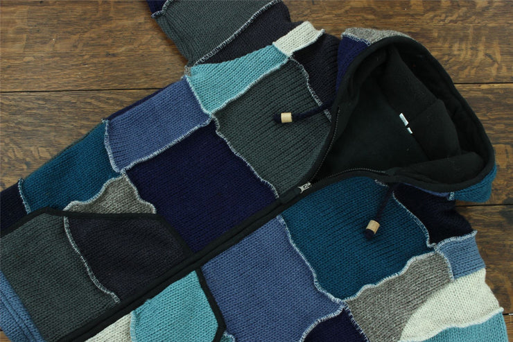 Wool Knit Patchwork Hooded Jacket - Blue