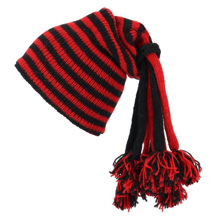 Hand Knitted Beanie Fountain Tassel Hat - Stripe Red Black