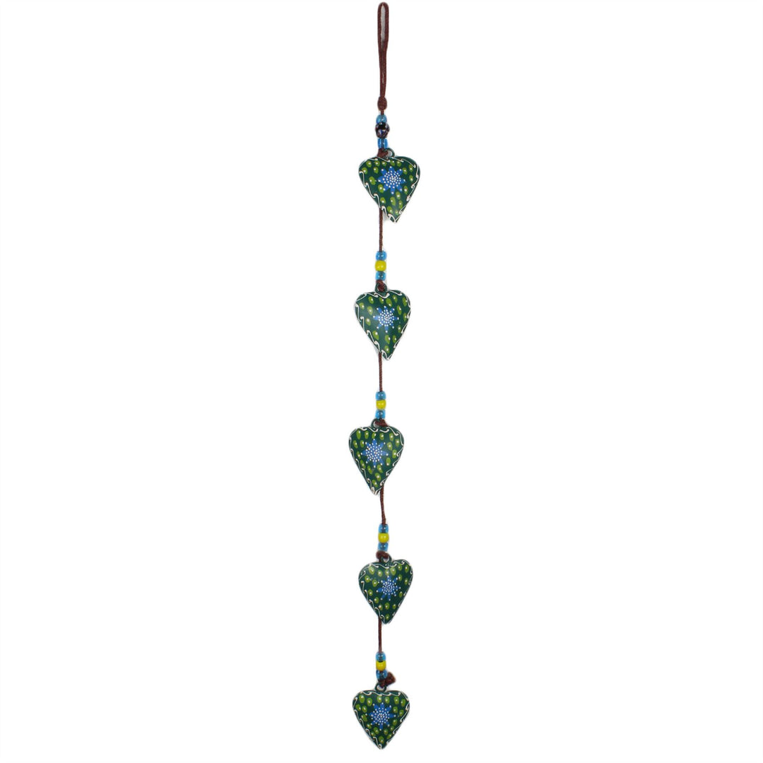 Hanging Mobile Decoration String of Hearts - Green - Brown String